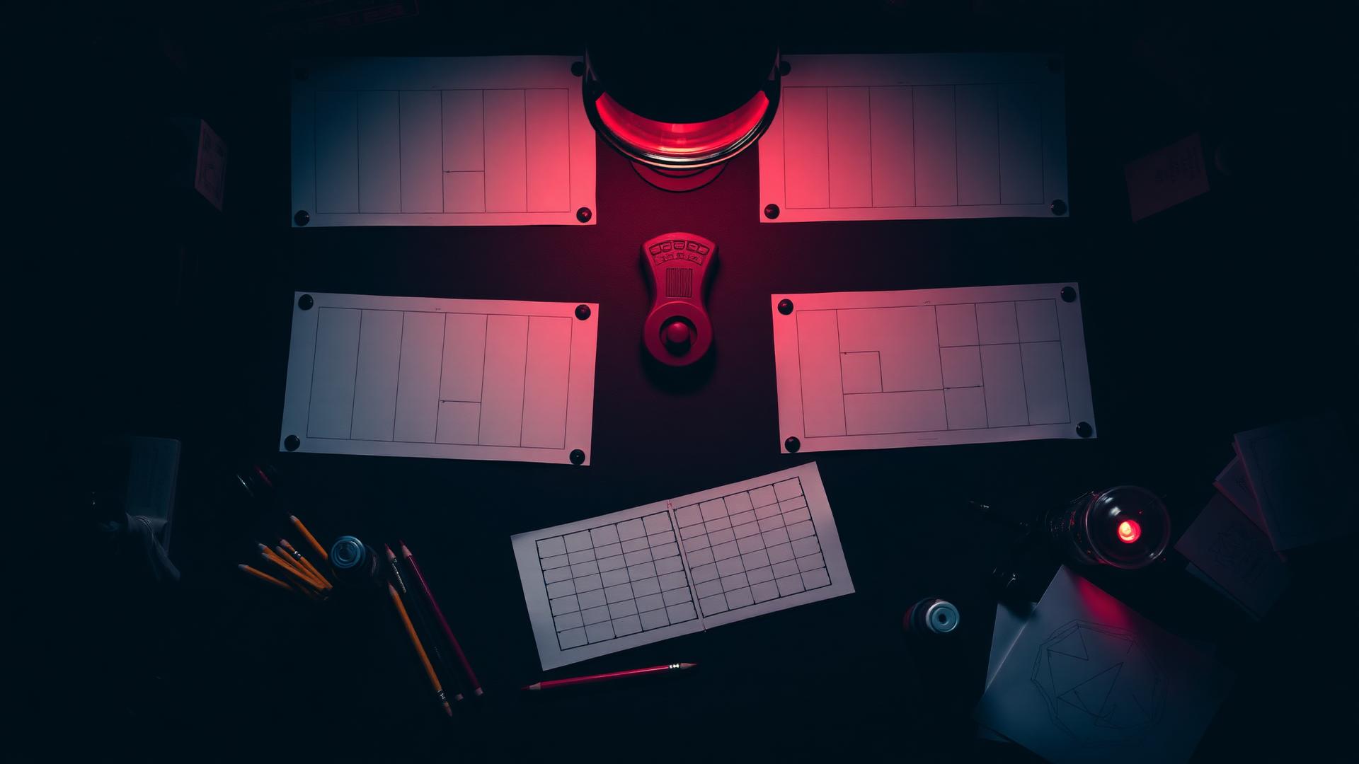Comic drafting table with blank panel pages under a red lamp